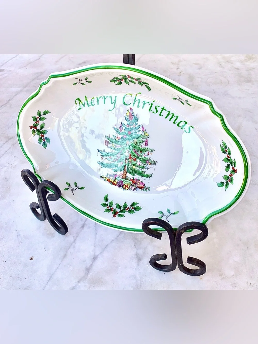 SPODE CHRISTMAS TREE OVAL MERRY CHRISTMAS TRAY PLATTER NEW GREEN GIFTS TOYS